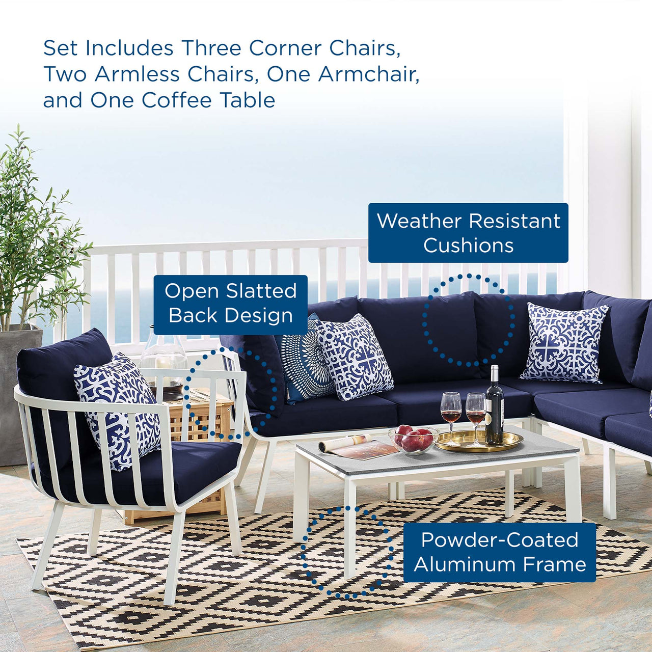 Ocevara 7-Piece Alfresco Lounge Set C, White & Navy