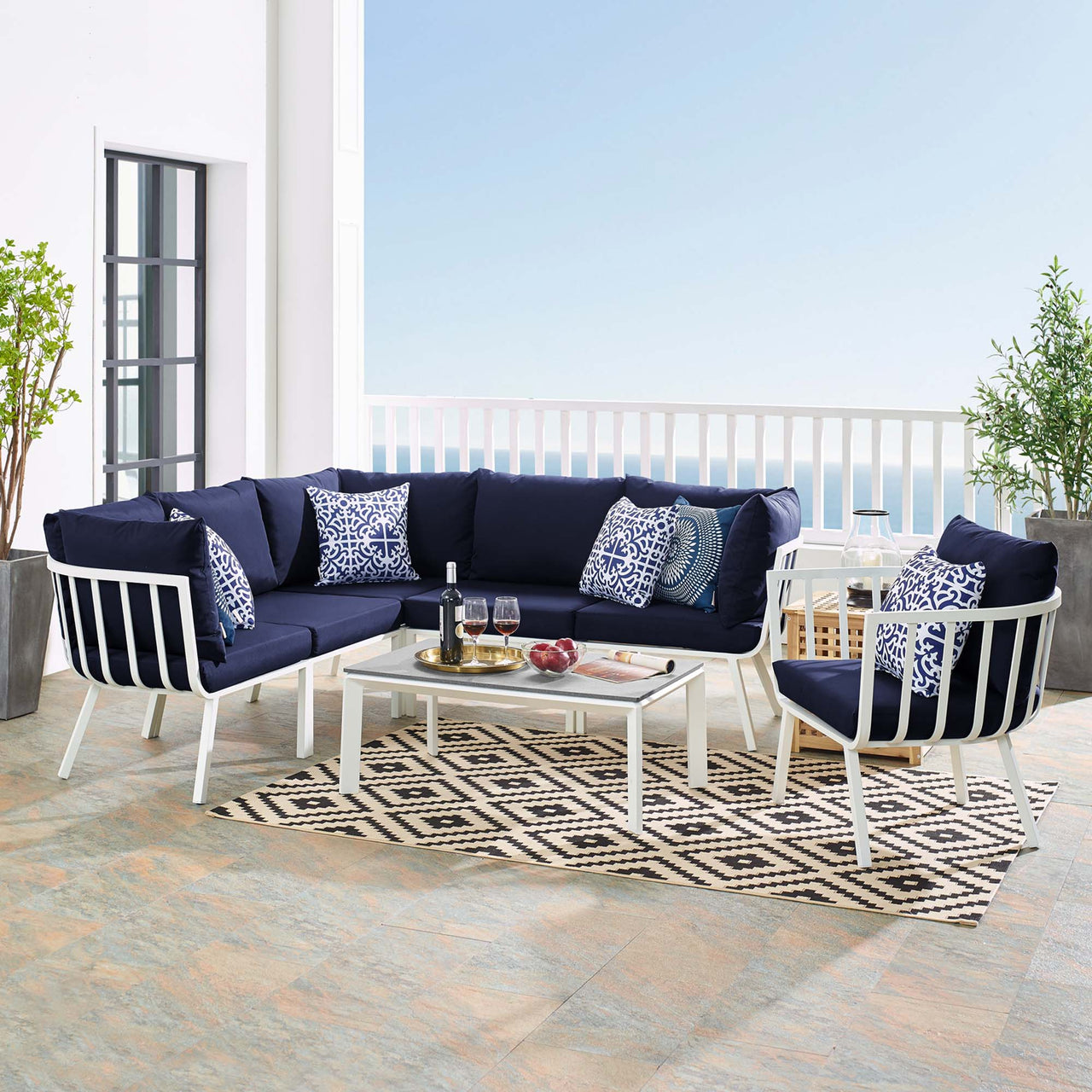Ocevara 7-Piece Alfresco Lounge Set C, White & Navy