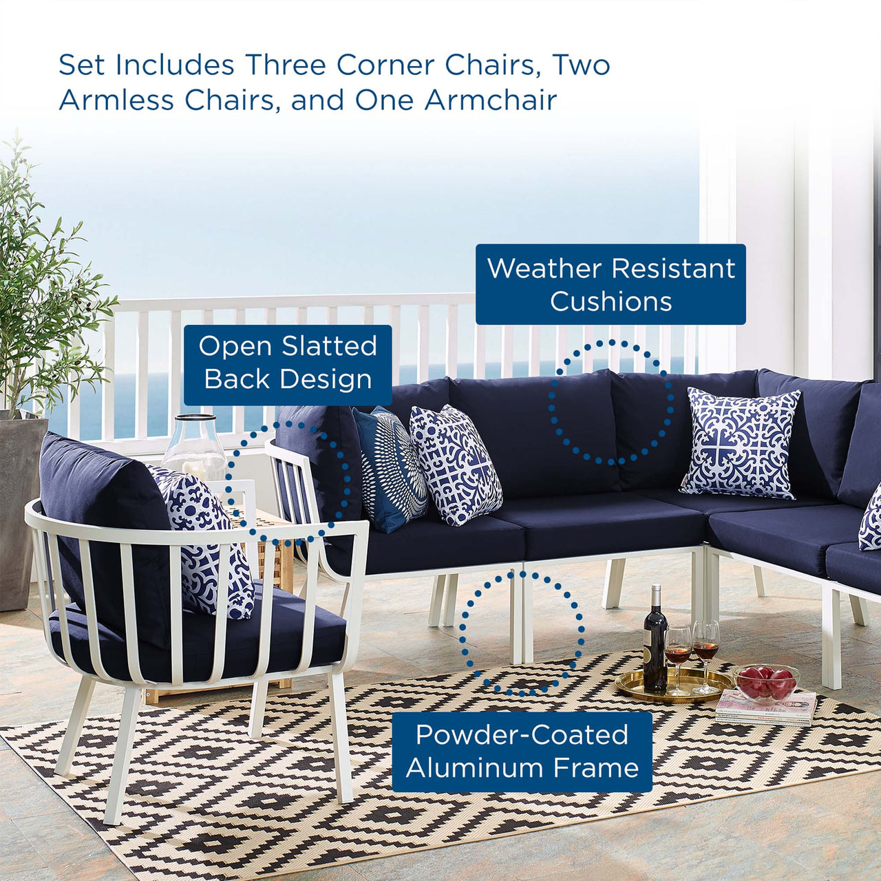 Ocevara 6-Piece Alfresco Lounge Set A, White & Navy