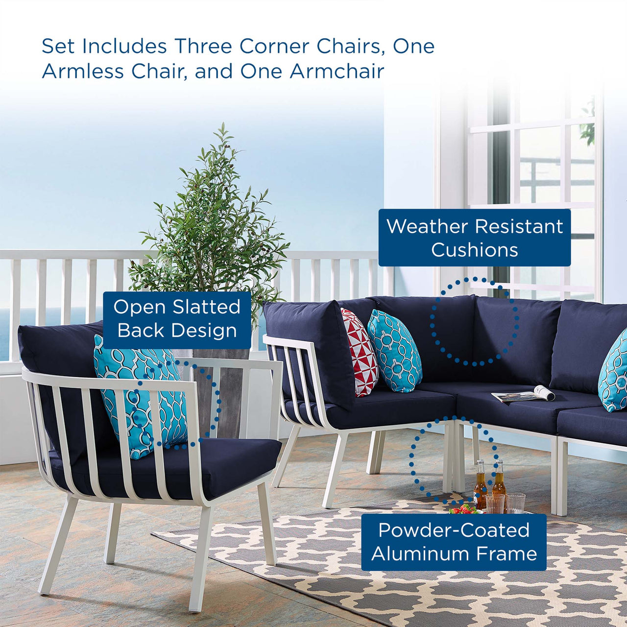 Ocevara 5-Piece Alfresco Lounge Set A, White & Navy
