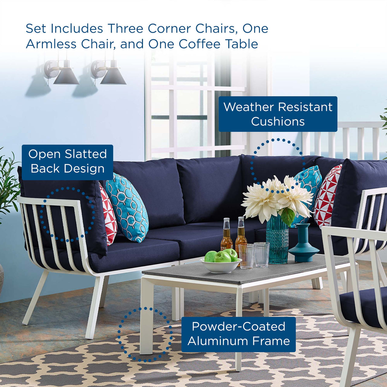 Ocevara 5-Piece Alfresco Lounge Set B, White & Navy