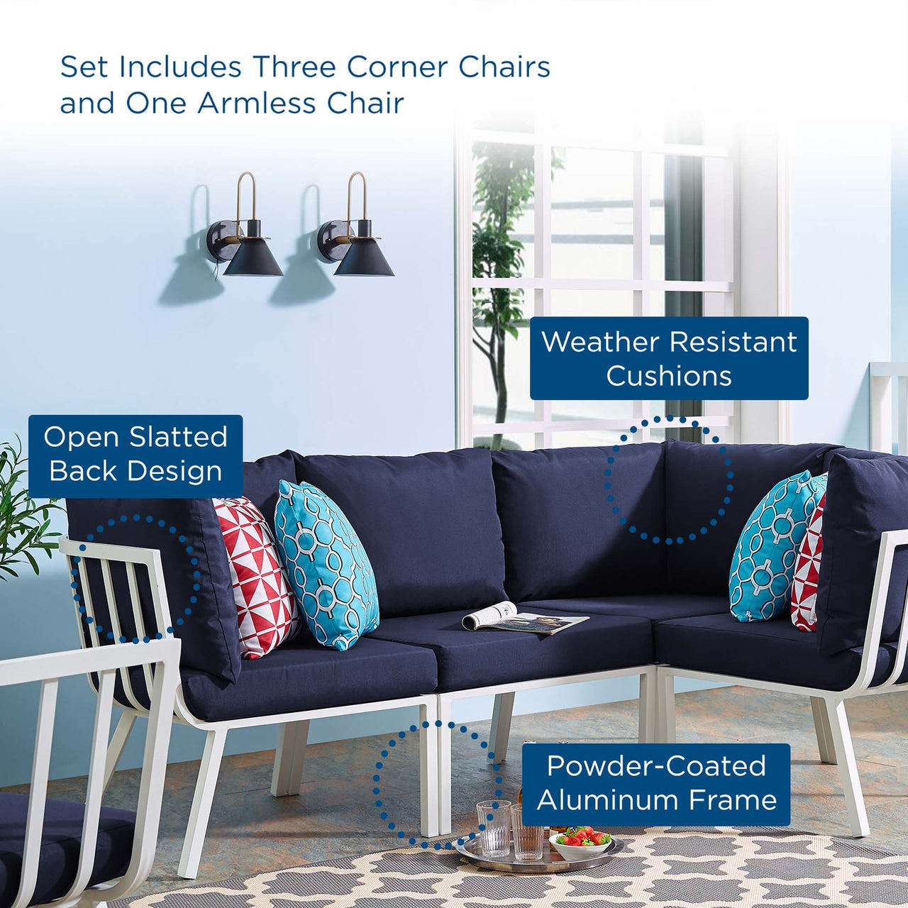 Ocevara 4-Piece Alfresco Sectional, White & Navy