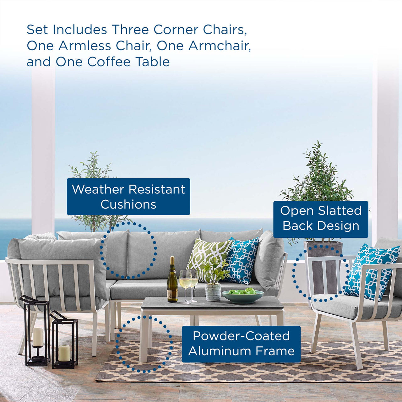 Ocevara 6-Piece Alfresco Lounge Set C, White & Gray