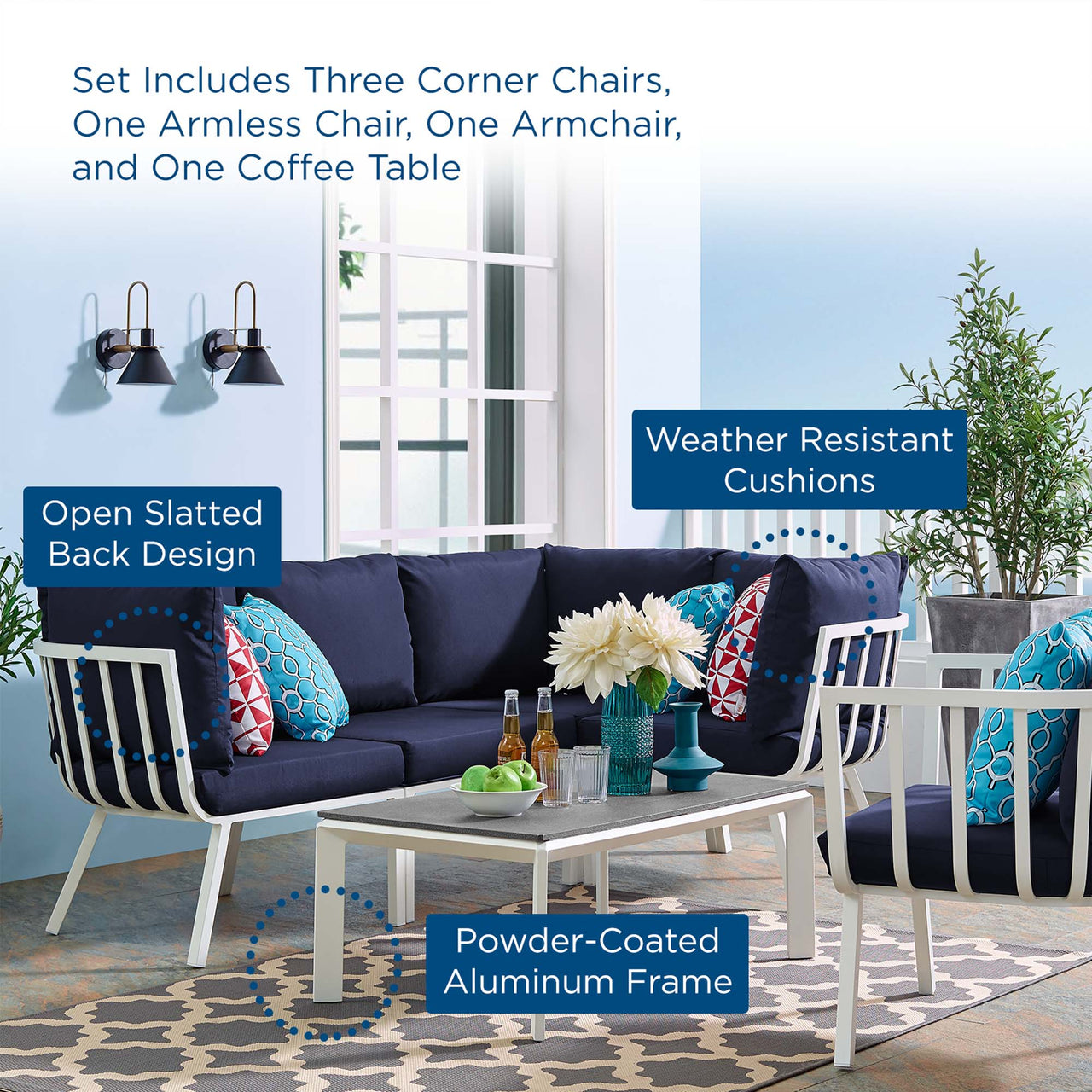 Ocevara 6-Piece Alfresco Lounge Set C, White & Navy