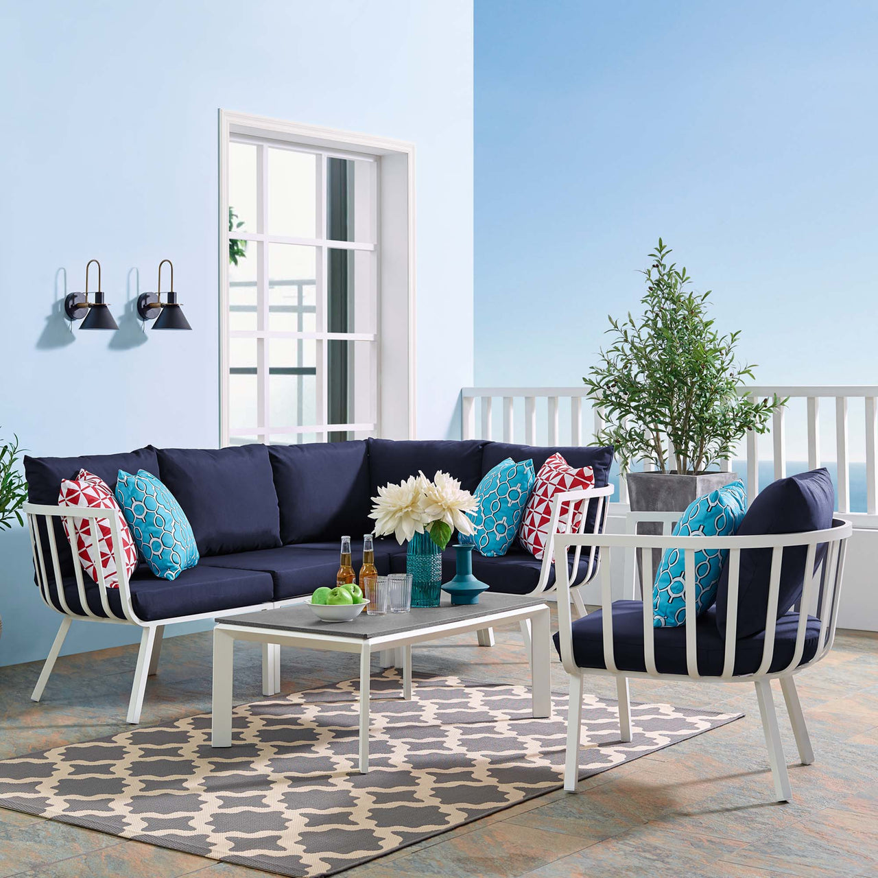 Ocevara 6-Piece Alfresco Lounge Set C, White & Navy