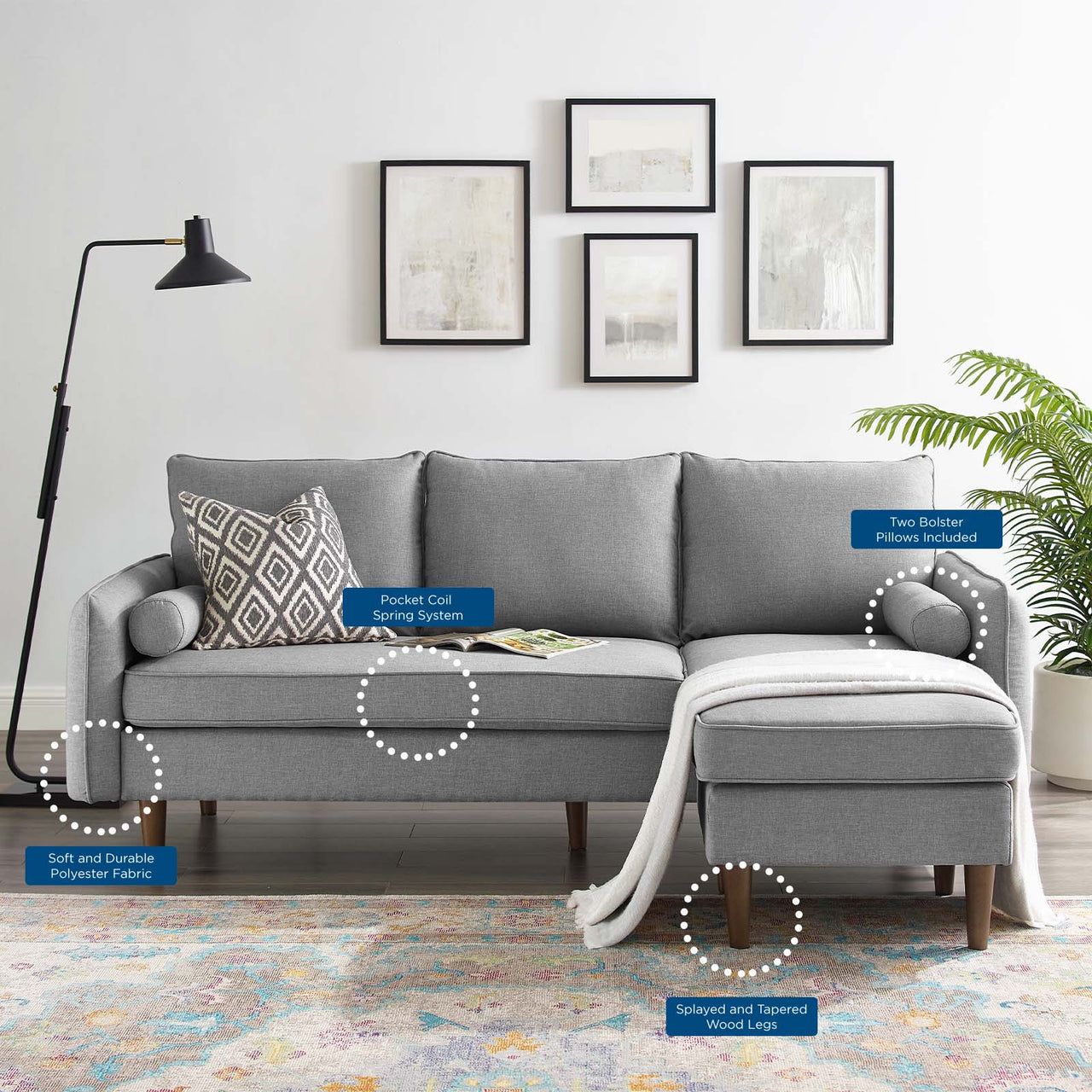 Marindi Plush Reversible Sectional Sofa, Light Gray