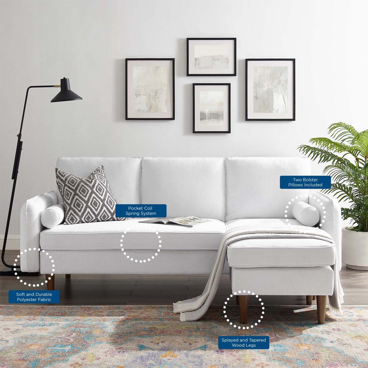 Marindi Plush Reversible Sectional Sofa, White
