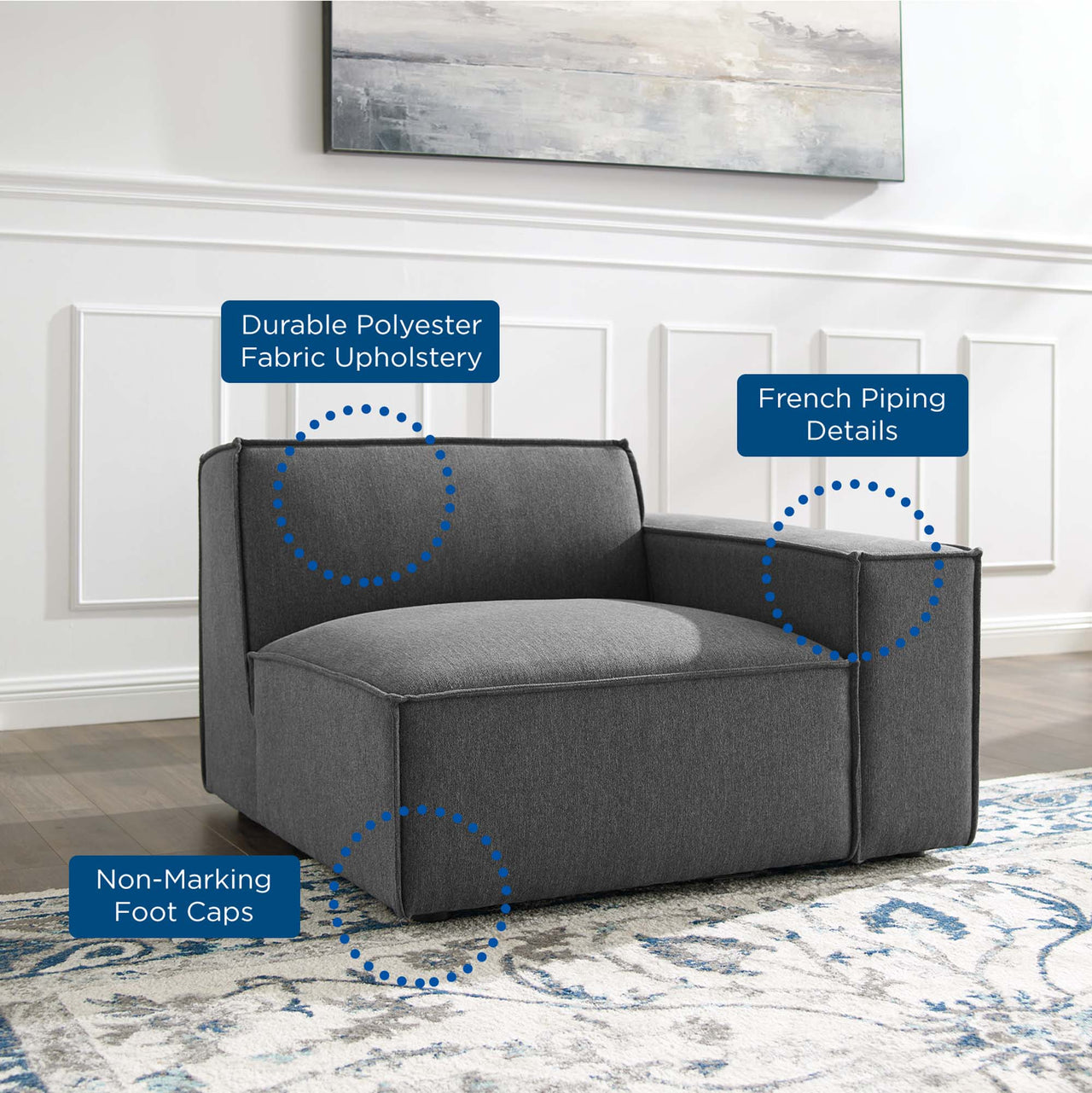 Phoenix Right-Arm Chair | Modular Sectional Component, Charcoal