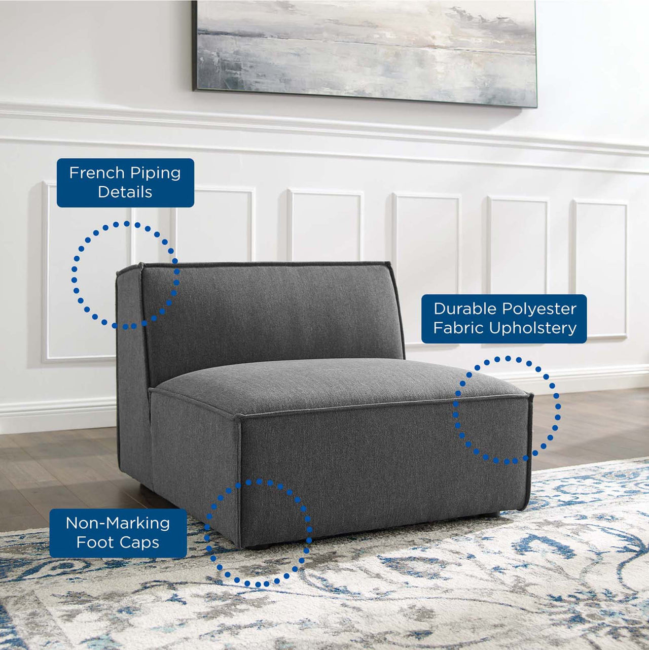 Phoenix Armless Chair | Modular Sectional Component, Charcoal
