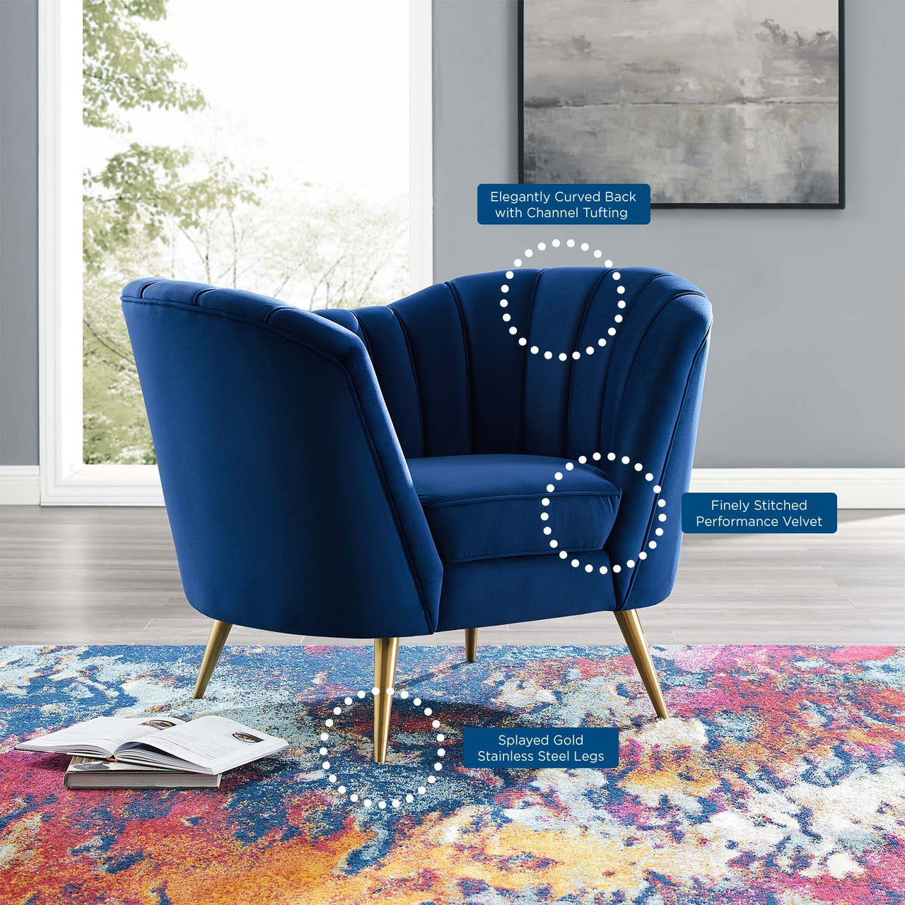 Venus Upholstered Velvet Armchair, Navy