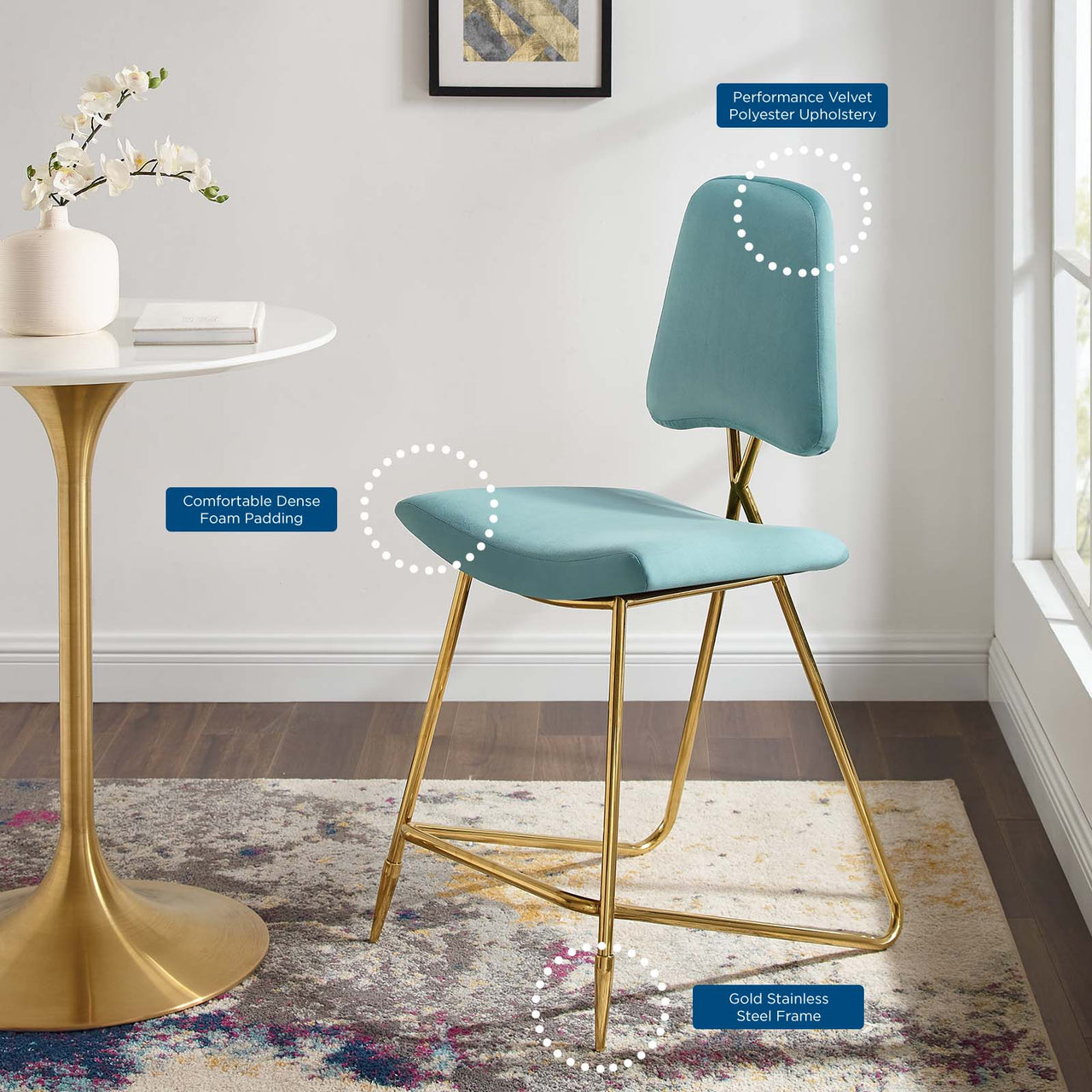 Direction Velvet Counter Stool, Caspian Blue