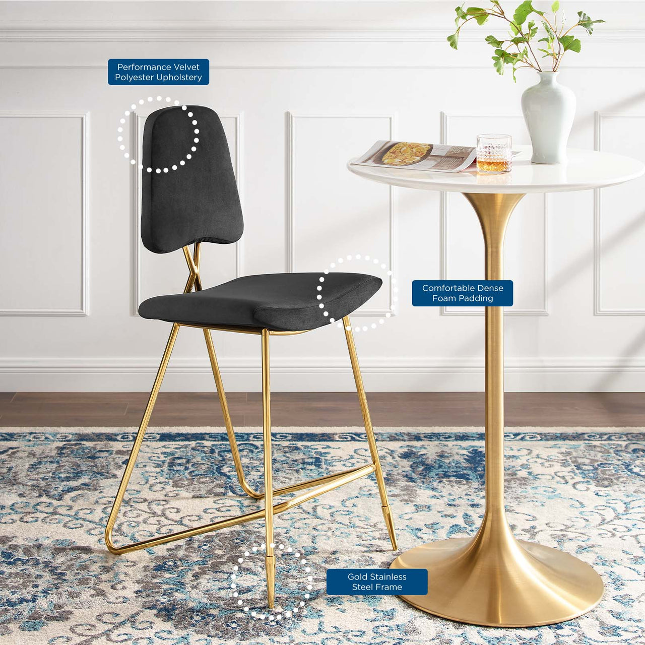 Direction Velvet Bar Stool, Black