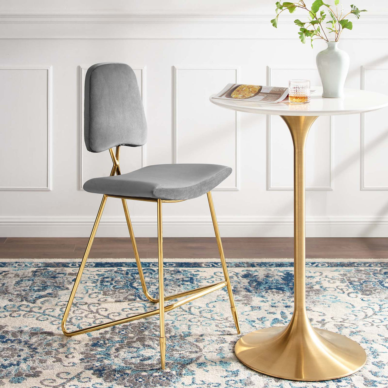 Direction Velvet Bar Stool, Gray