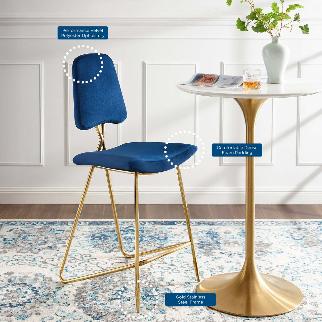 Direction Velvet Bar Stool, Navy