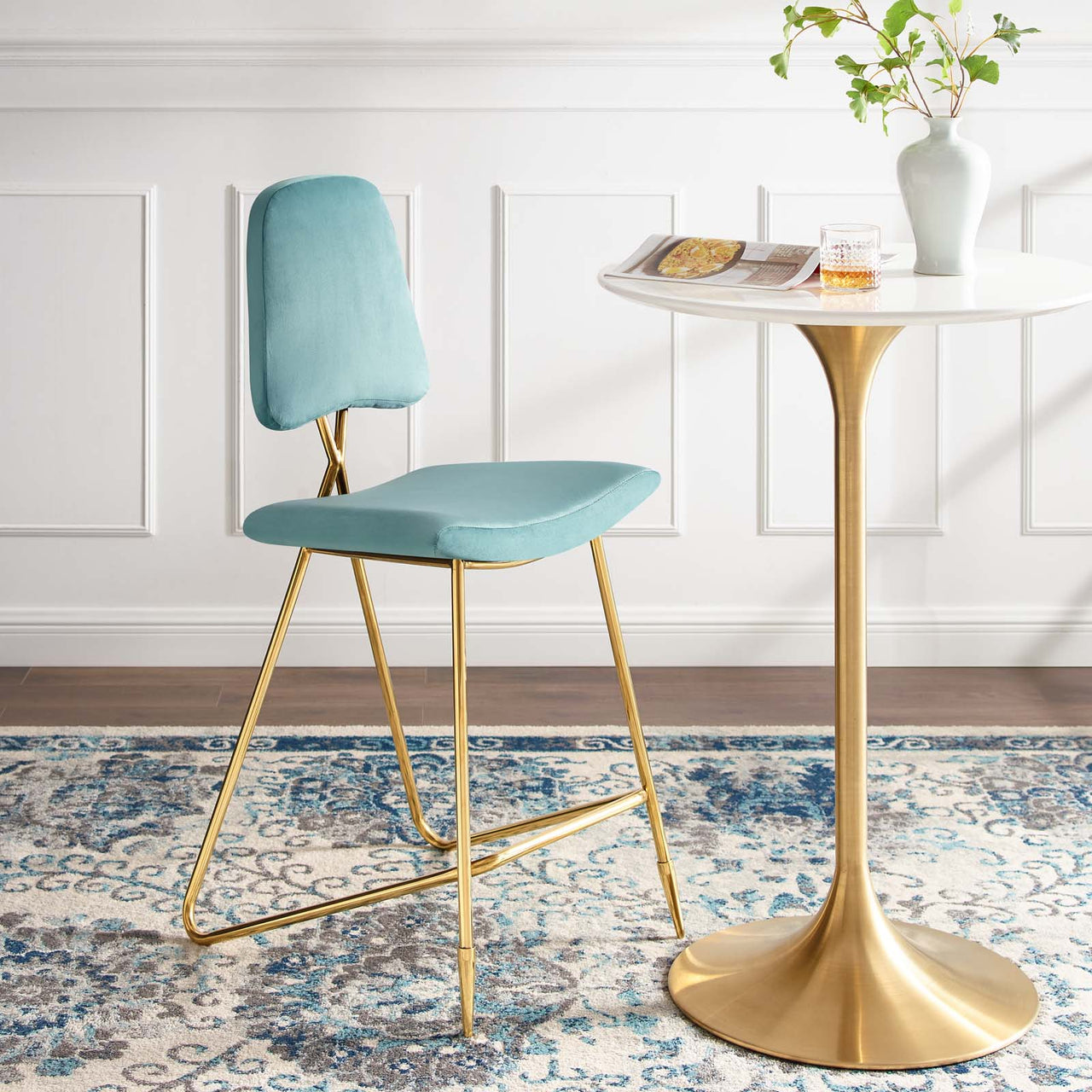 Direction Velvet Bar Stool, Caspian Blue