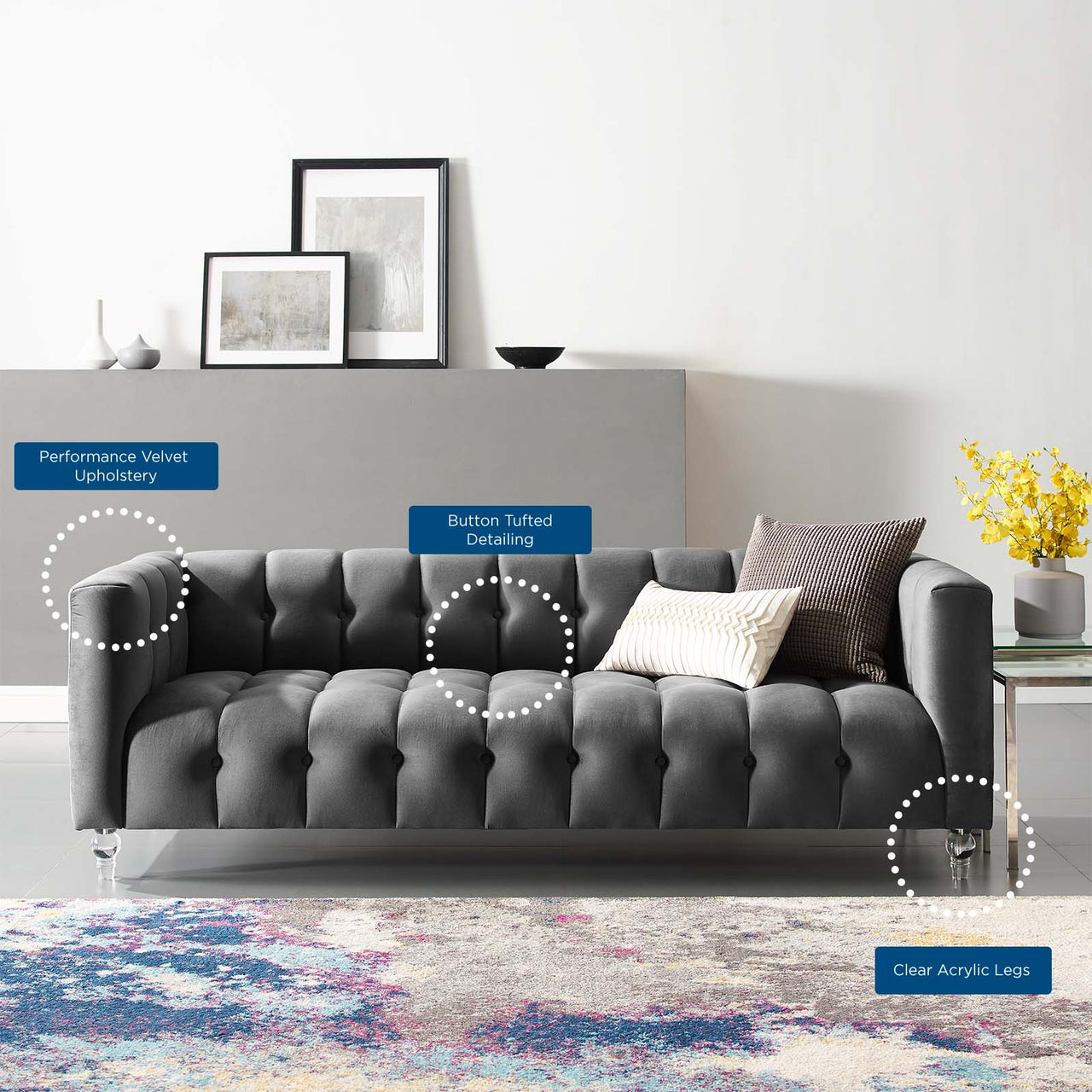 Fiorelle Upholstered Velvet Sofa, Charcoal