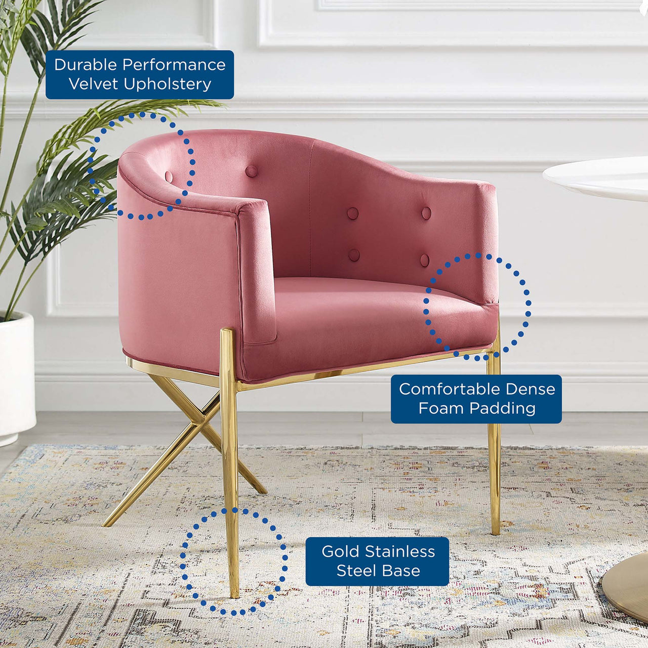 Civetta Upholstered Velvet Armchair Set of 2, Dusty Rose