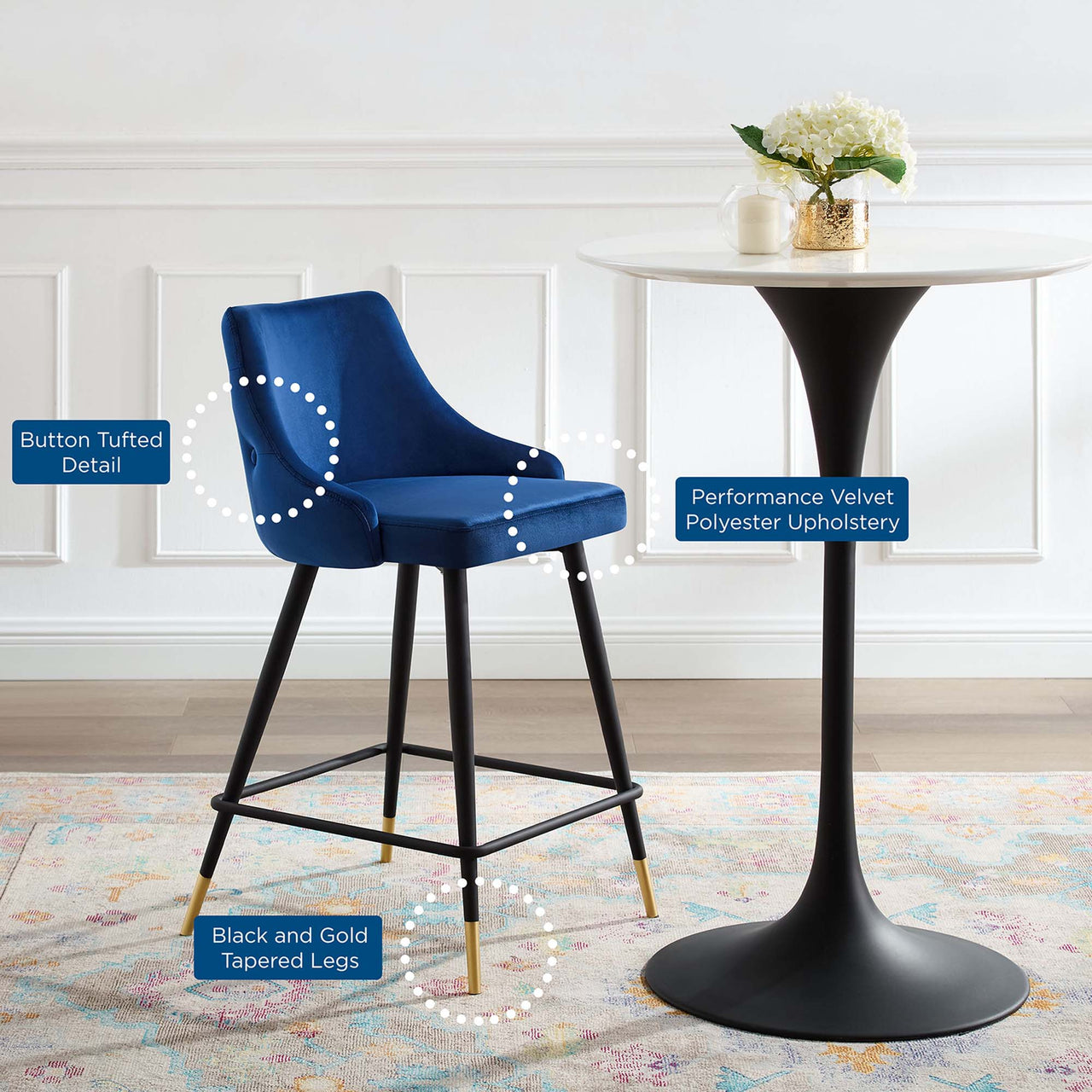 Avira Velvet Counter Stool, Navy