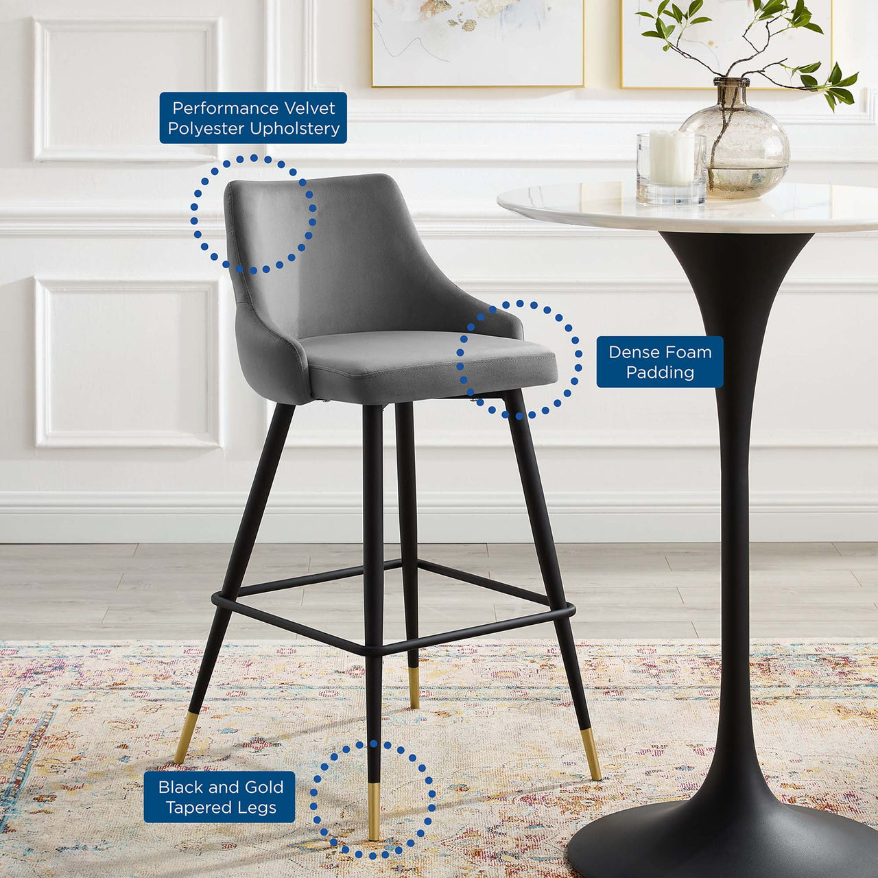 Avira Velvet Bar Stool, Gray
