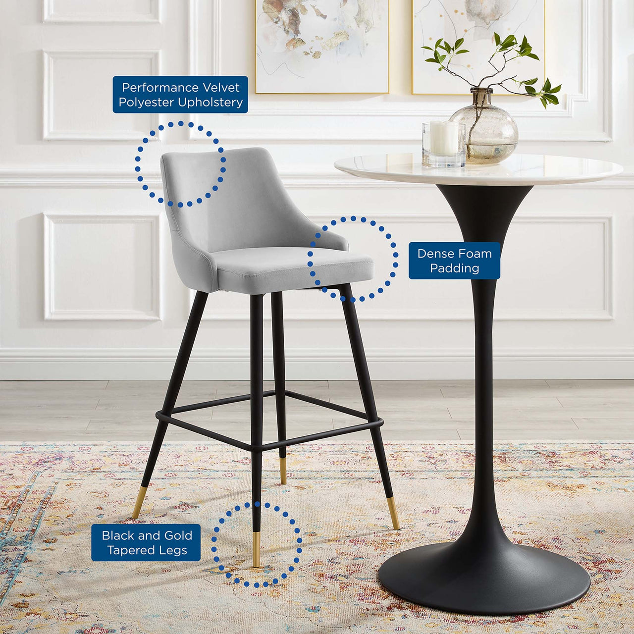Avira Velvet Bar Stool, Light Gray