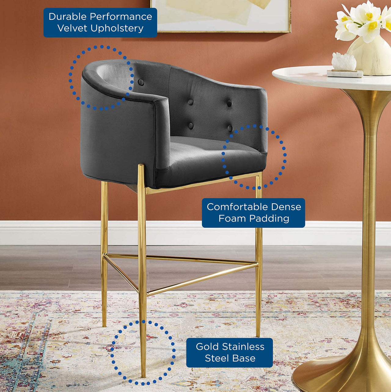 Civetta Upholstered Velvet Bar Stool, Charcoal