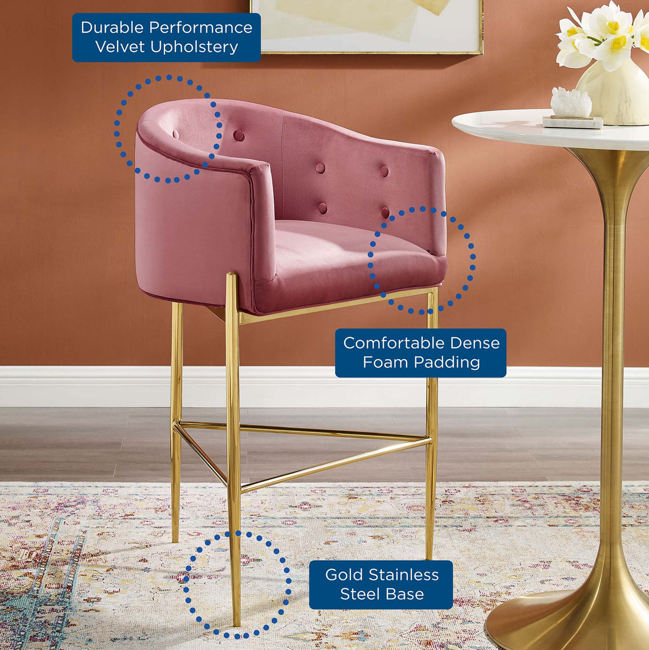 Civetta Upholstered Velvet Bar Stool, Dusty Rose