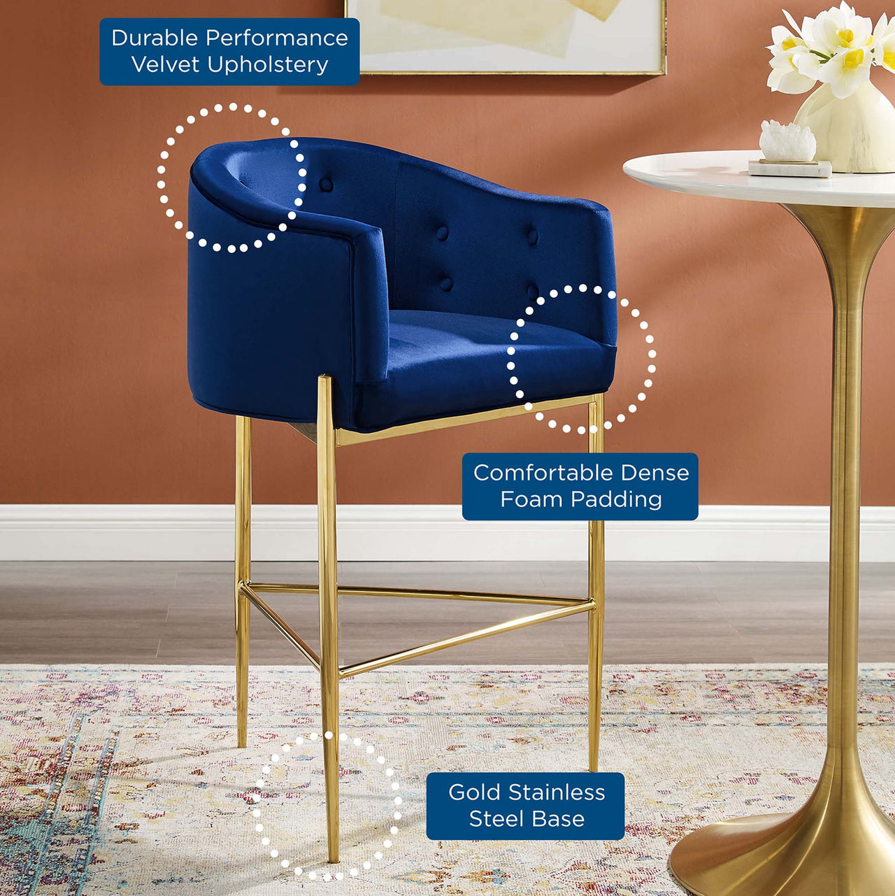 Civetta Upholstered Velvet Bar Stool, Navy