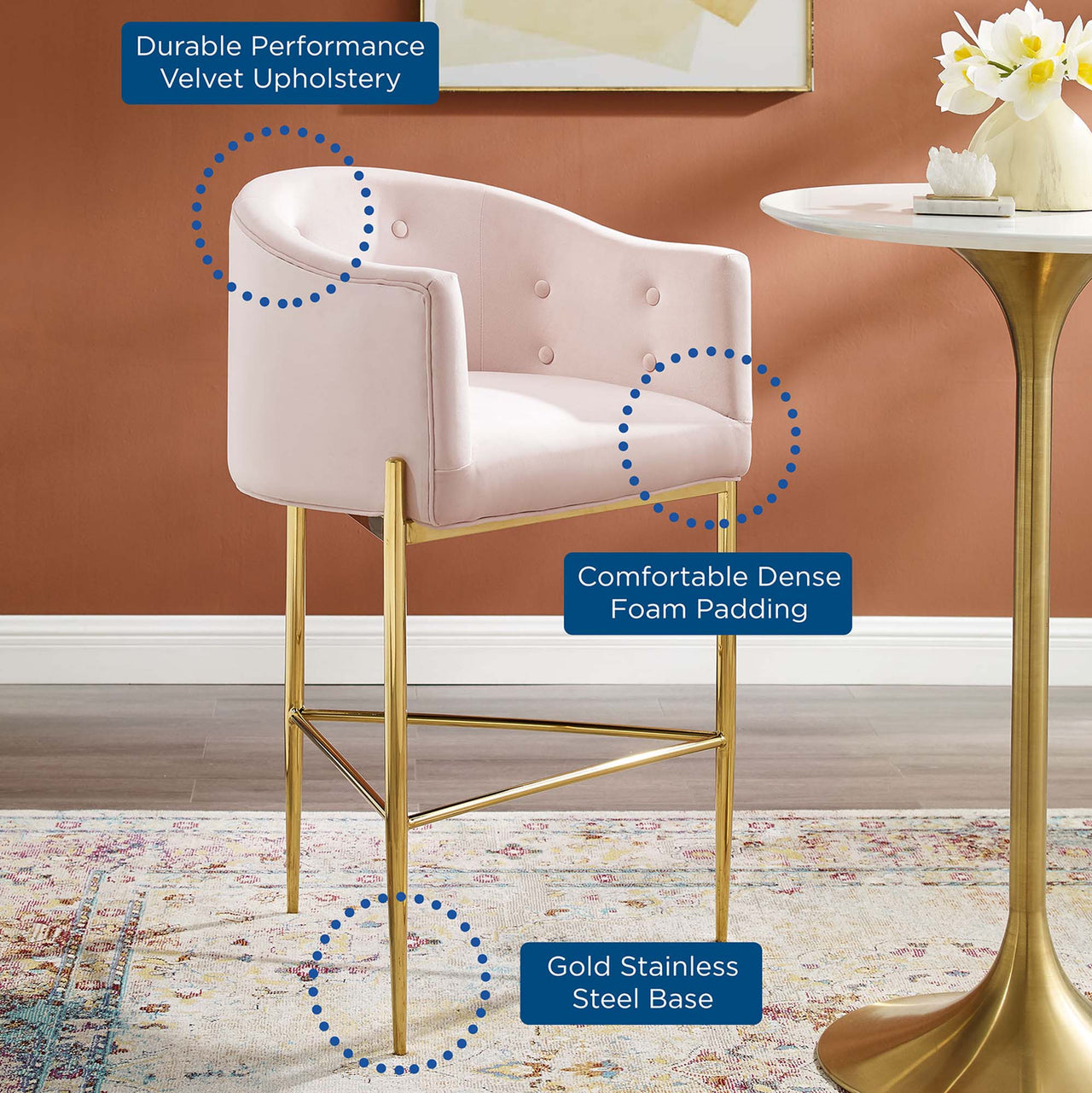 Civetta Upholstered Velvet Bar Stool, Pink