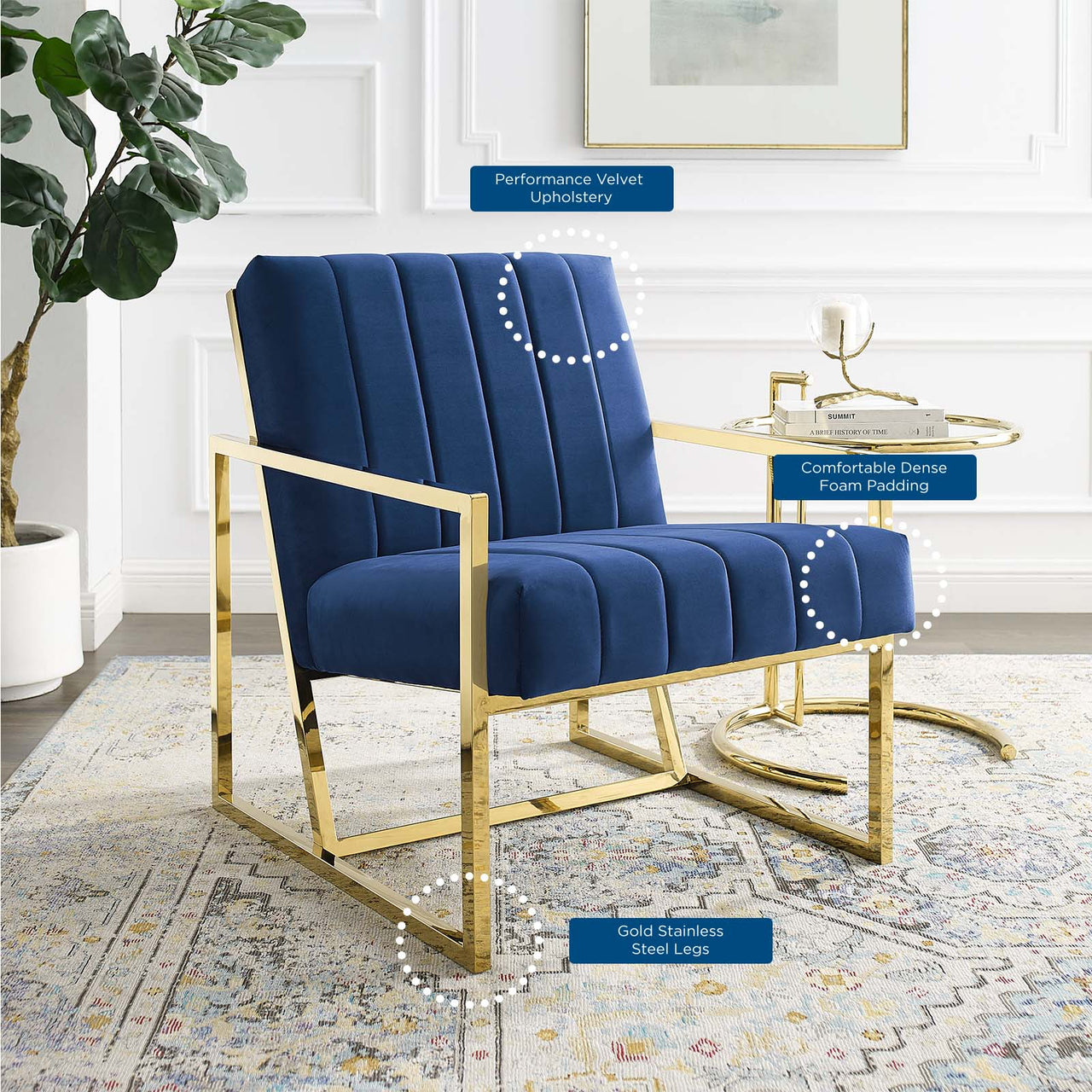 Railway Upholstered Velvet Accent Chair, Navy