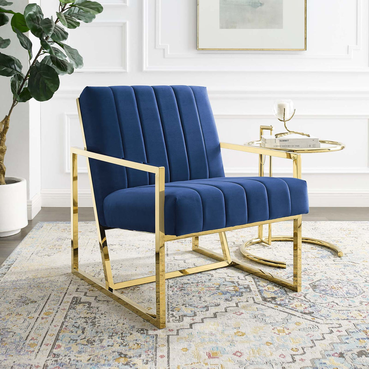 Railway Upholstered Velvet Accent Chair, Navy