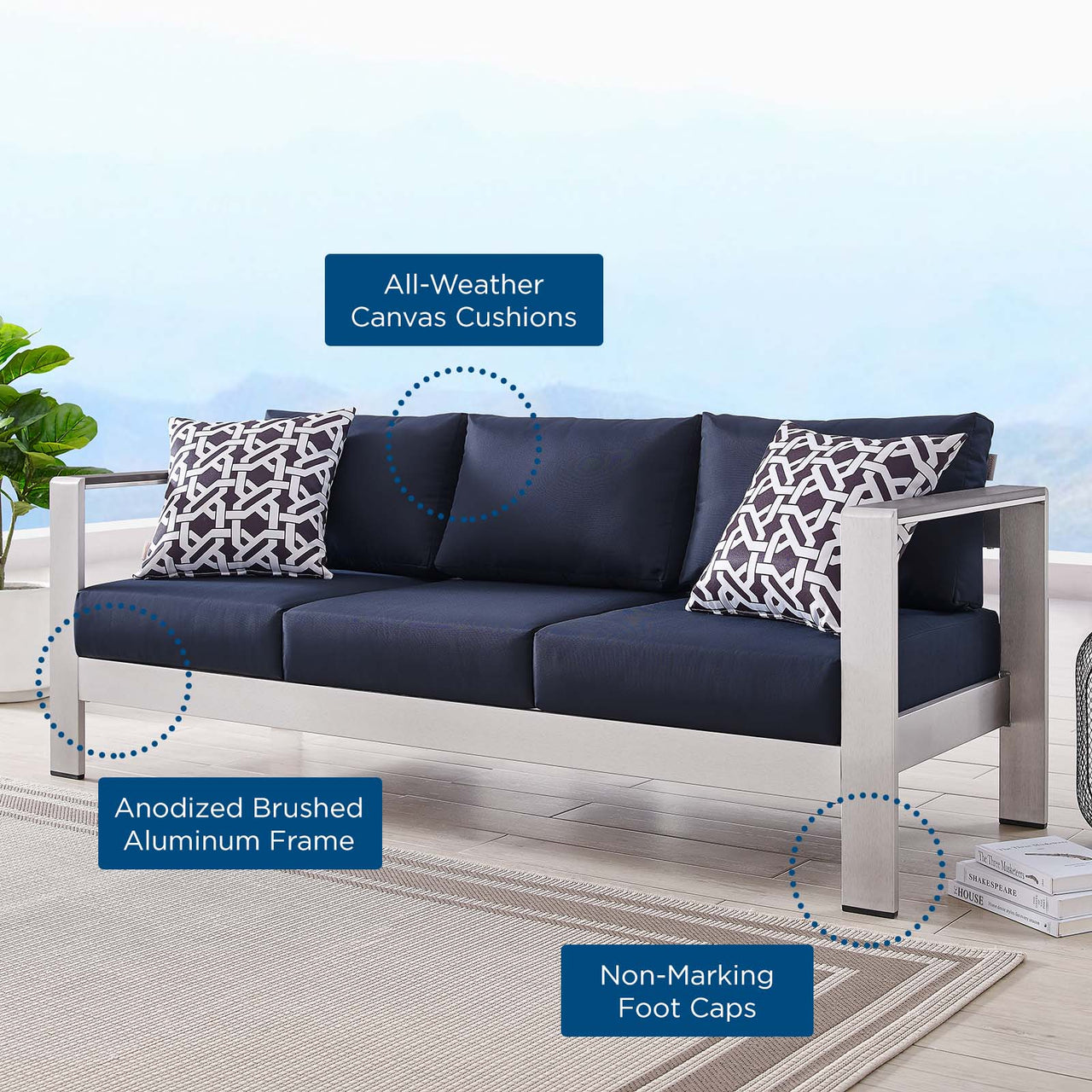 Shorea Alfresco Sofa, Silver & Navy