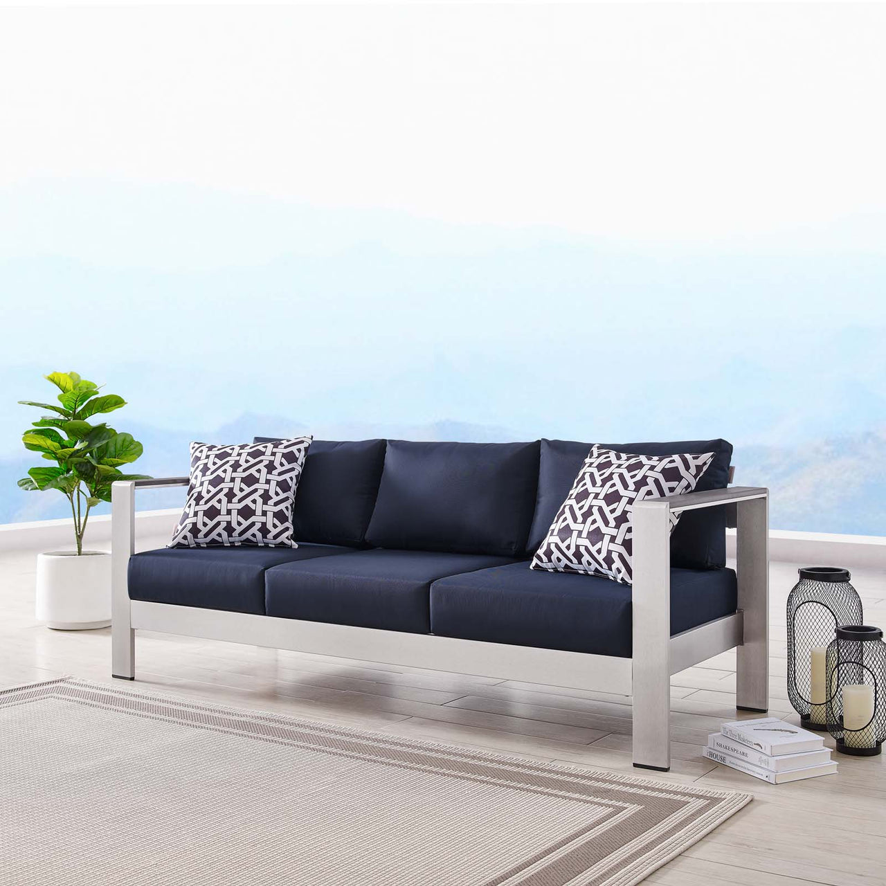 Shorea Alfresco Sofa, Silver & Navy