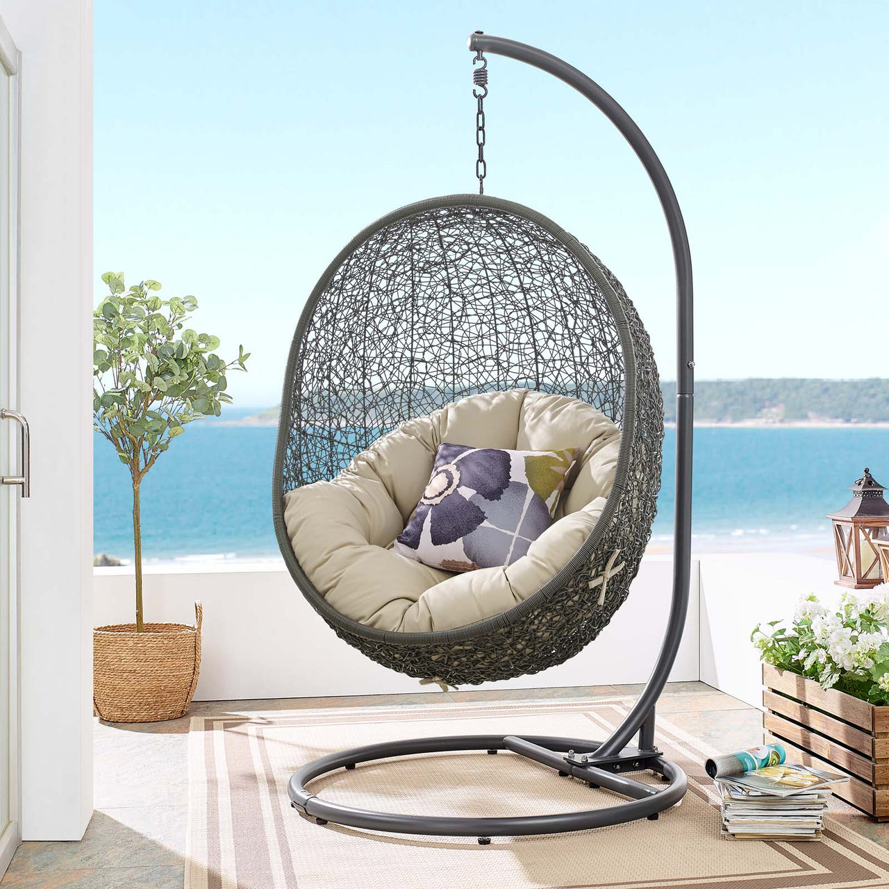 Shell Alfresco Sunbrella® Swing Chair w/ Stand, Gray & Beige