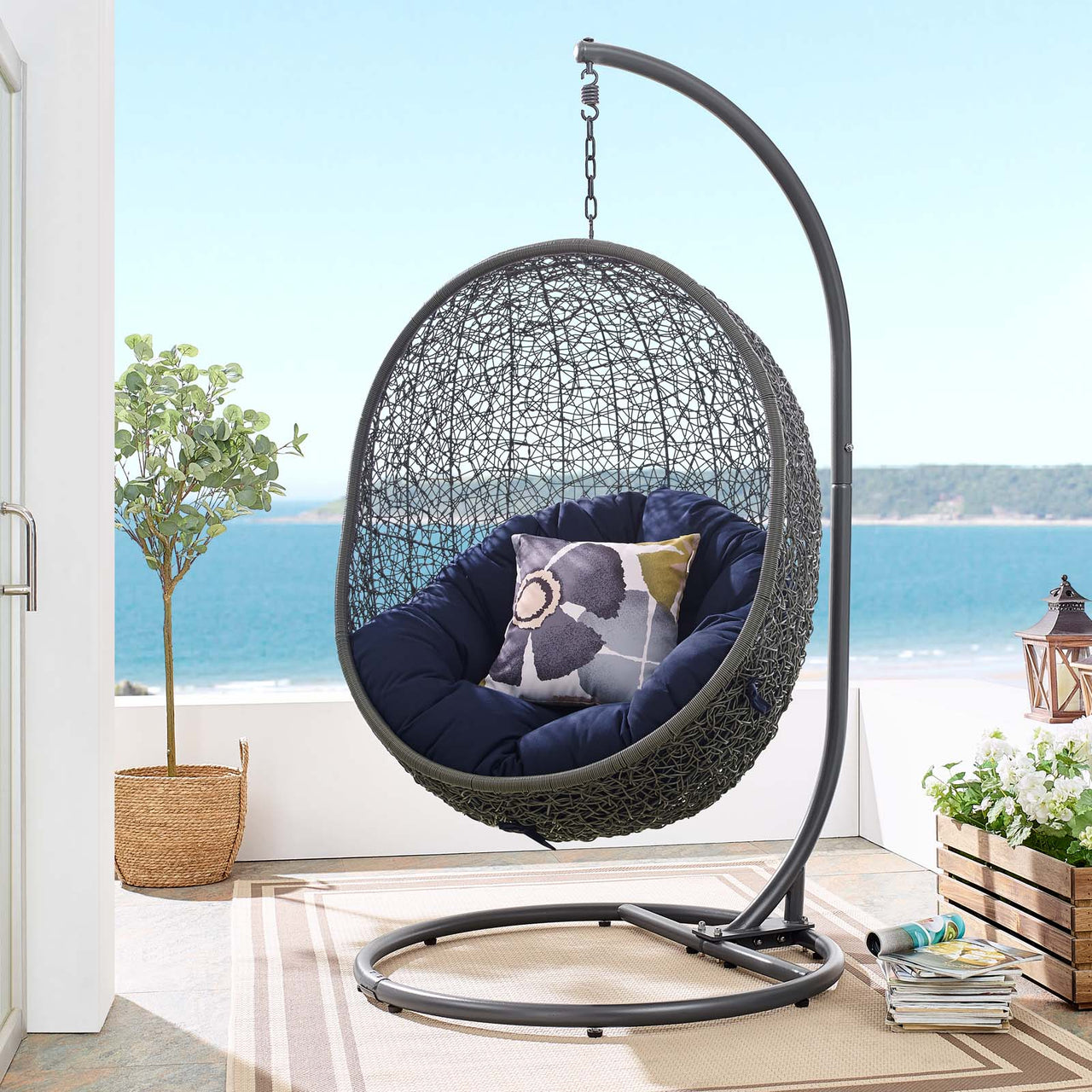 Shell Alfresco Sunbrella® Swing Chair w/ Stand, Gray & Navy