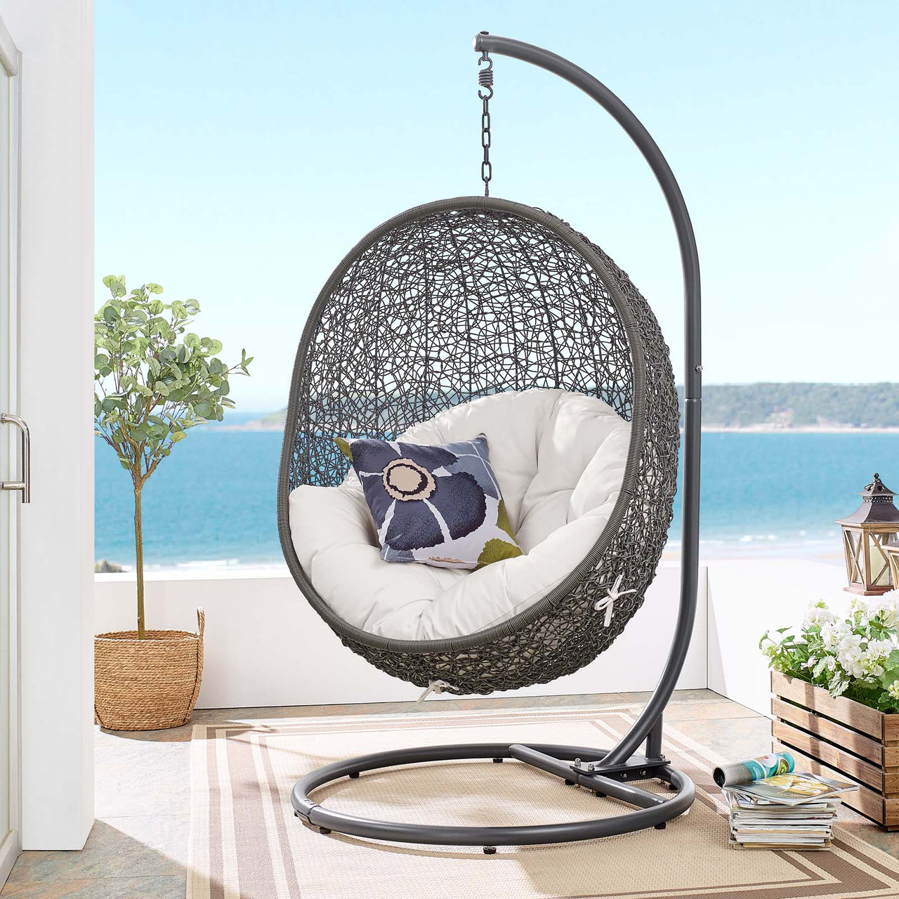 Shell Alfresco Sunbrella® Swing Chair w/ Stand, Gray & White