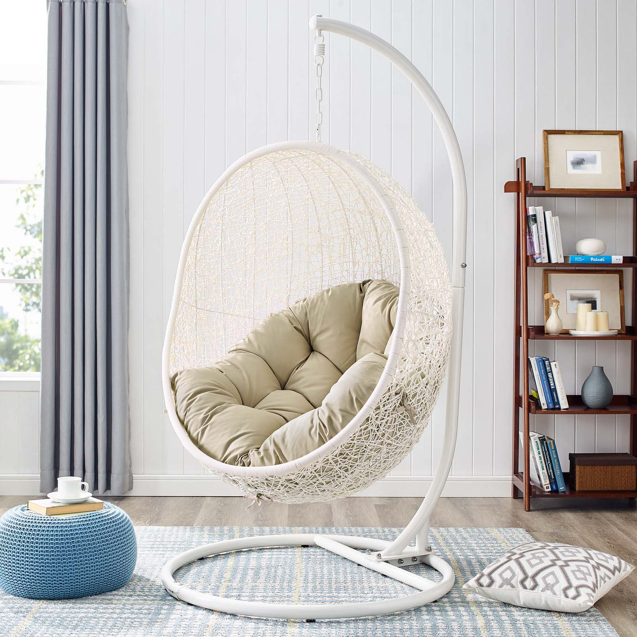Shell Alfresco Sunbrella® Swing Chair w/ Stand, White & Beige