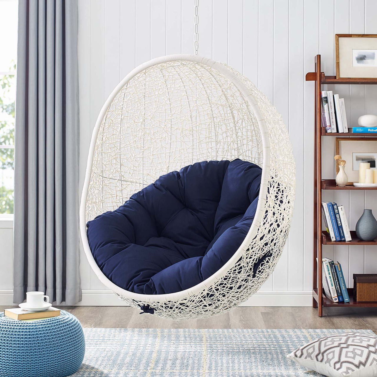 Shell Alfresco Sunbrella® Swing Chair w/ Stand, White & Navy