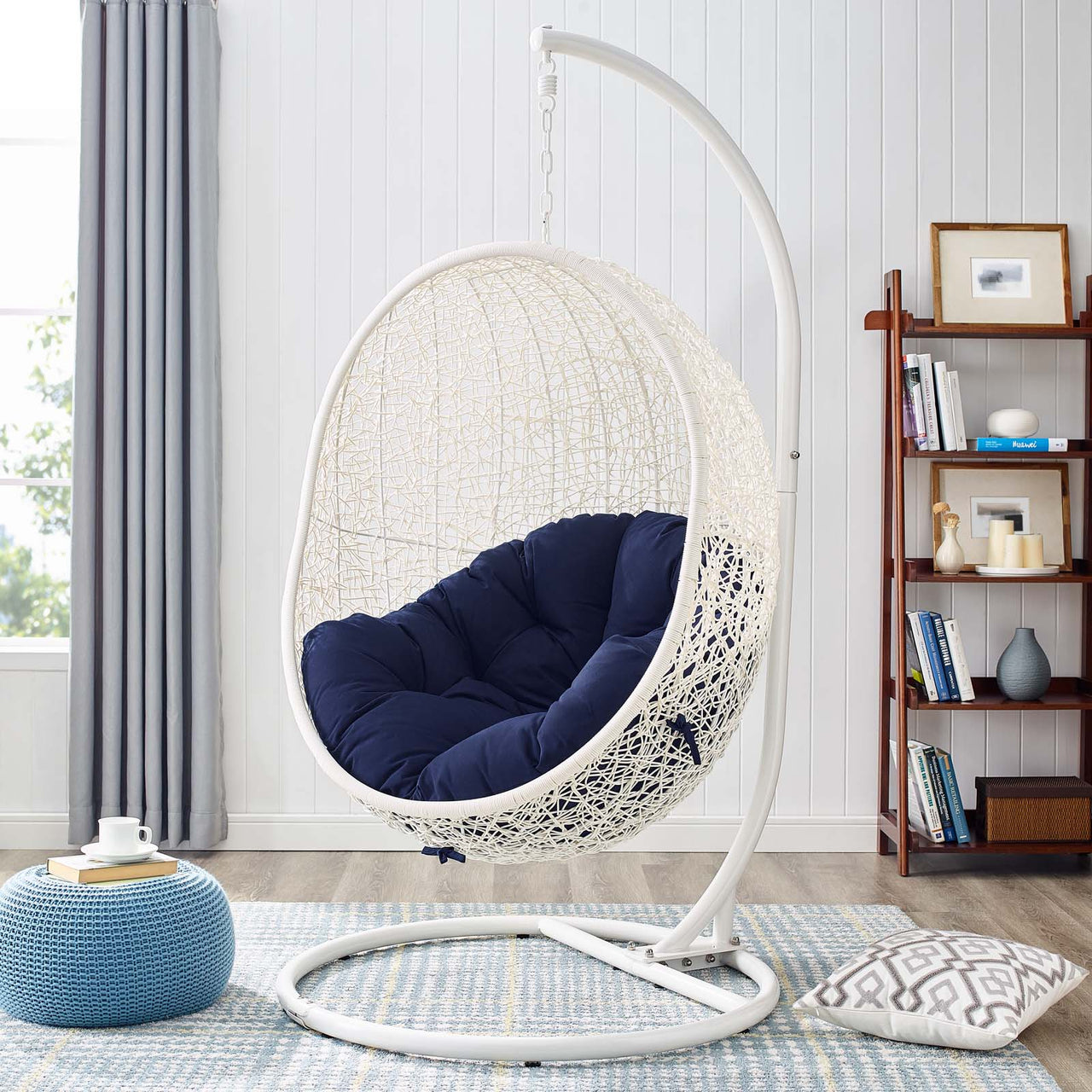 Shell Alfresco Sunbrella® Swing Chair w/ Stand, White & Navy