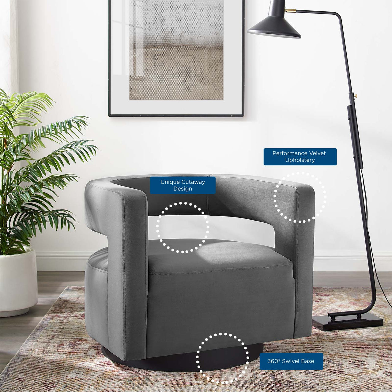Worldview Upholstered Velvet Swivel Armchair, Gray