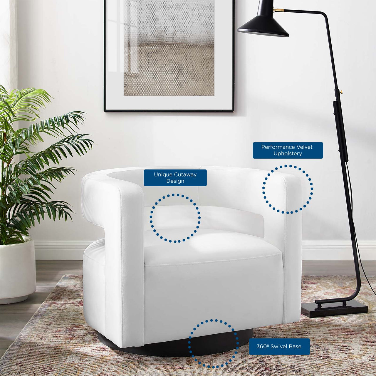 Worldview Upholstered Velvet Swivel Armchair, White