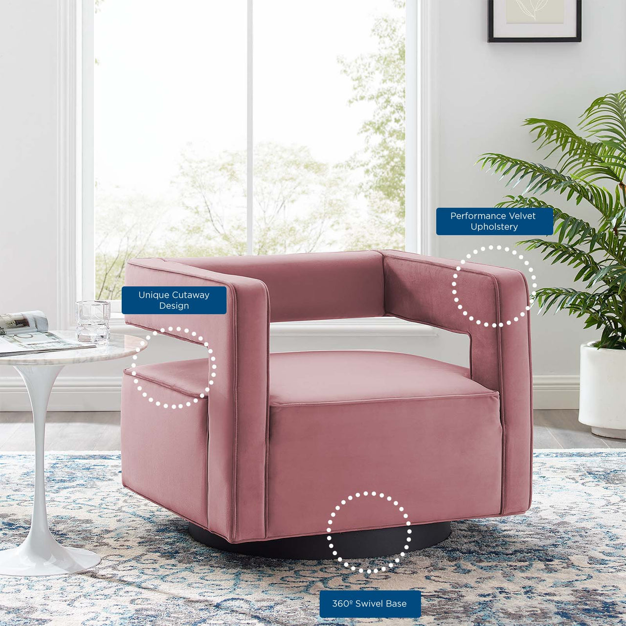 Void Upholstered Velvet Swivel Accent Chair, Dusty Rose