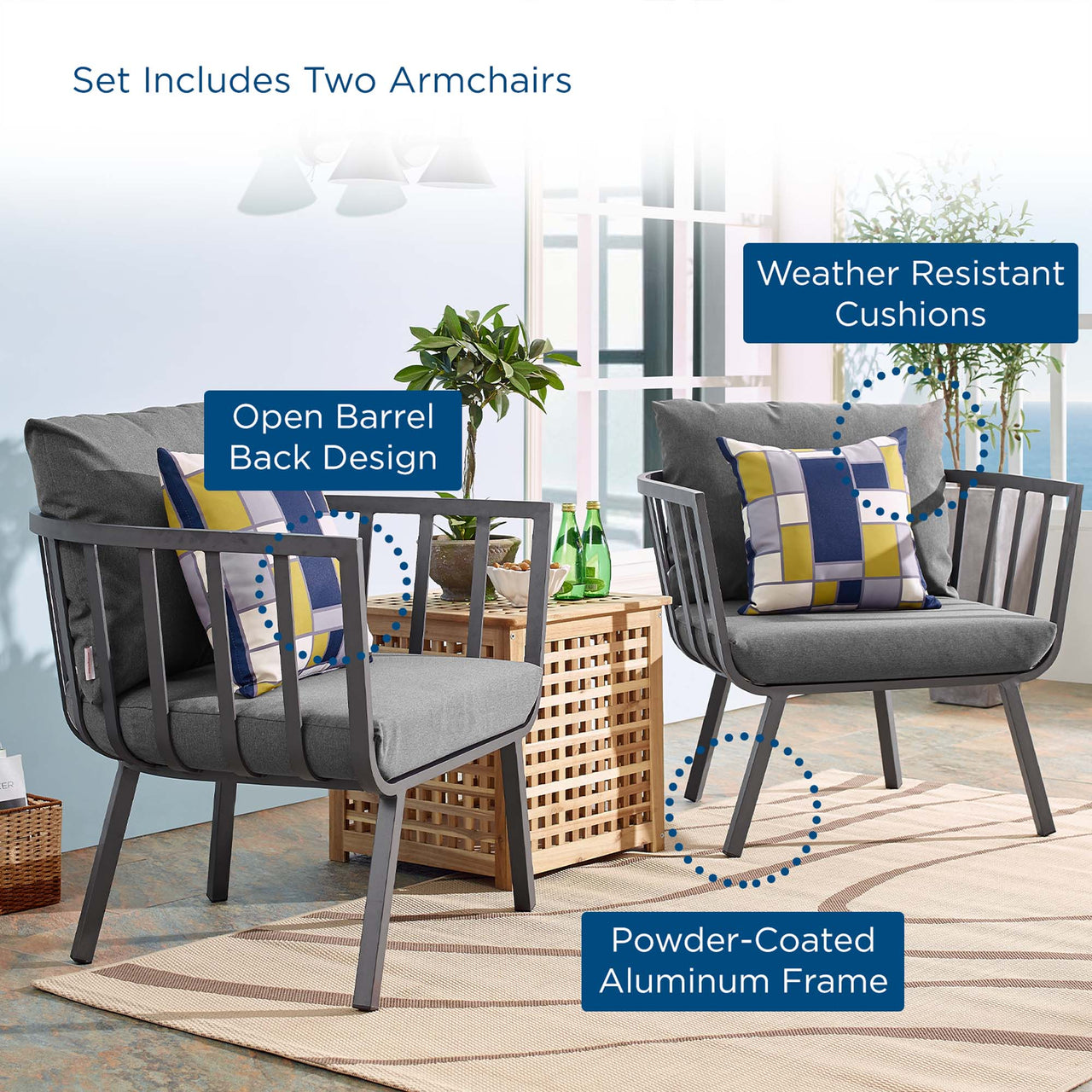 Ocevara Alfresco Armchair Set of 2, Gray & Charcoal