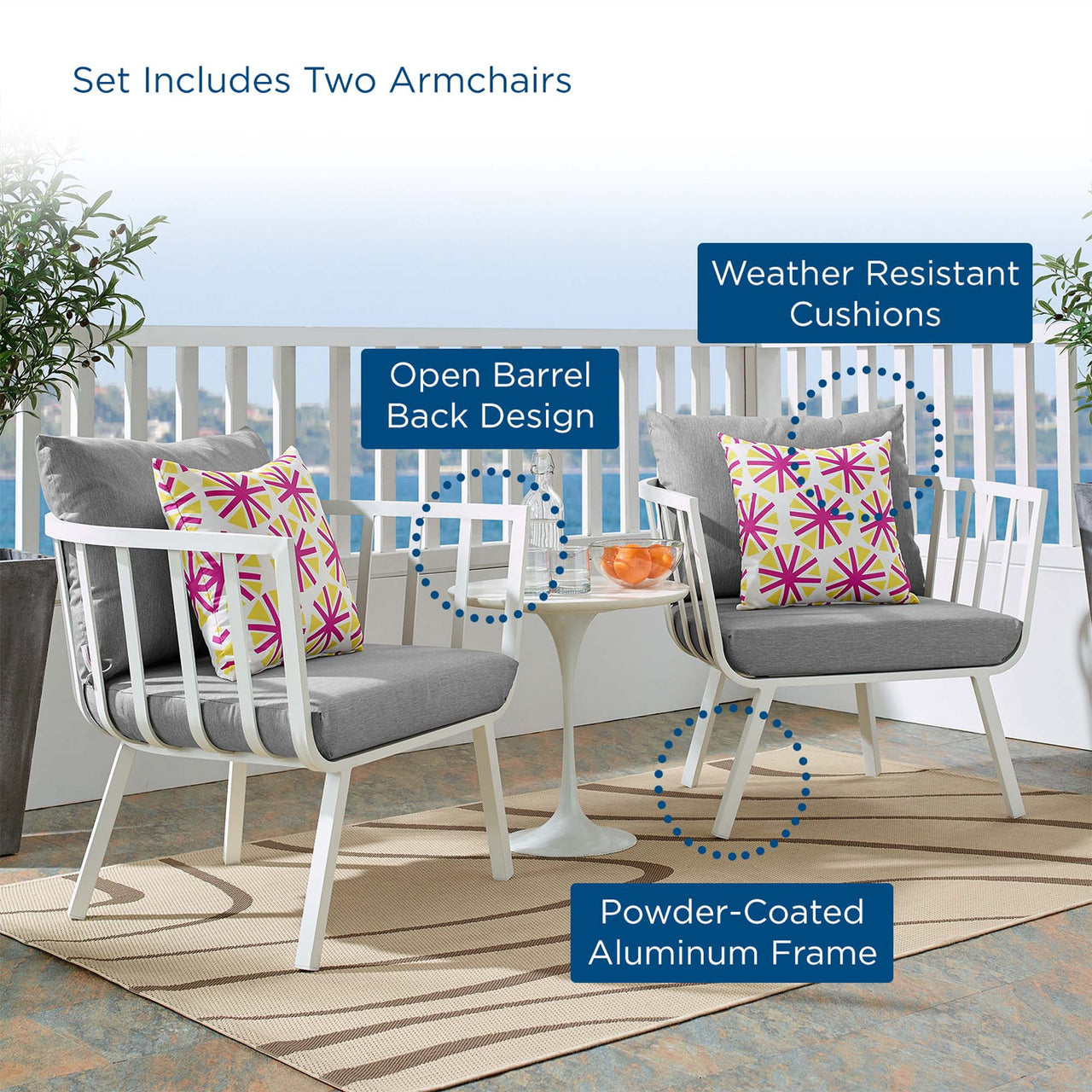 Ocevara Alfresco Armchair Set of 2, White & Gray