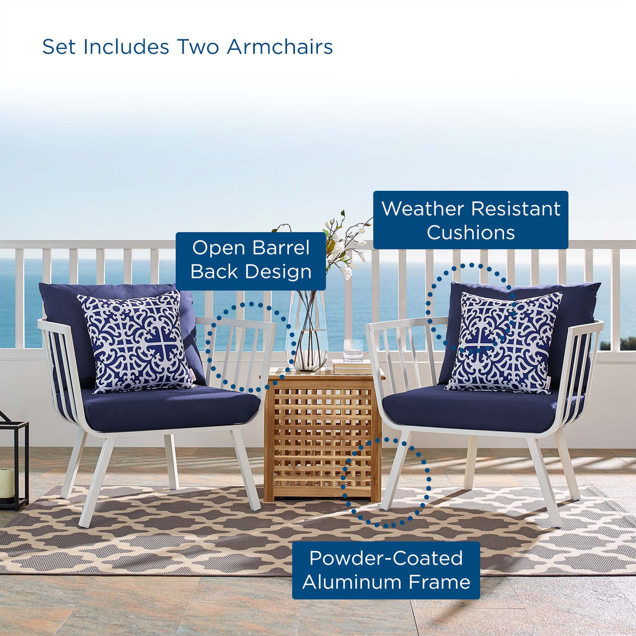 Ocevara Alfresco Armchair Set of 2, White & Navy