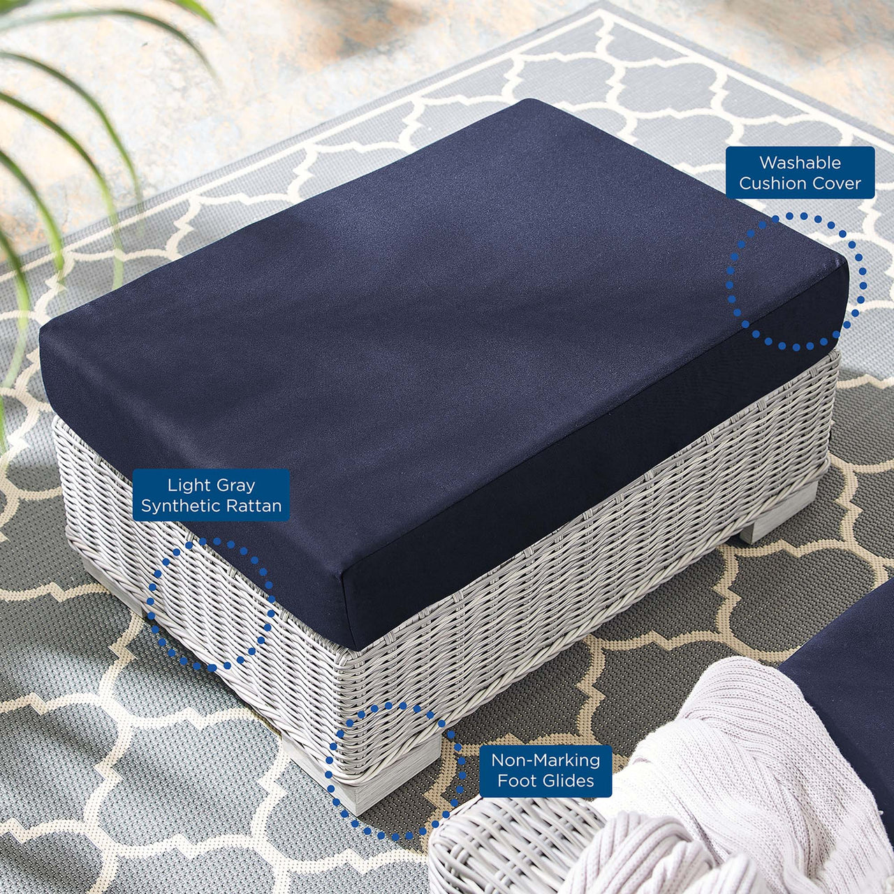 Corvara Sunbrella® Alfresco Woven Ottoman | Outdoor Modular Sectional Component, Light Gray & Navy