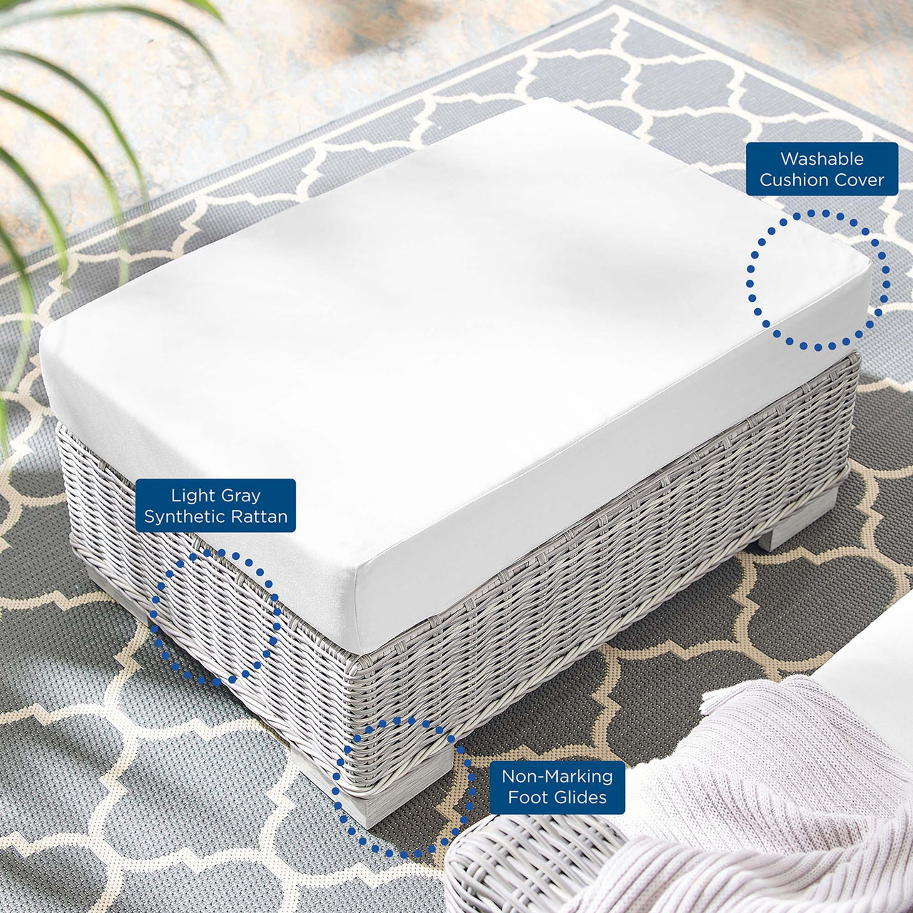 Corvara Sunbrella® Alfresco Woven Ottoman | Outdoor Modular Sectional Component, Light Gray & White