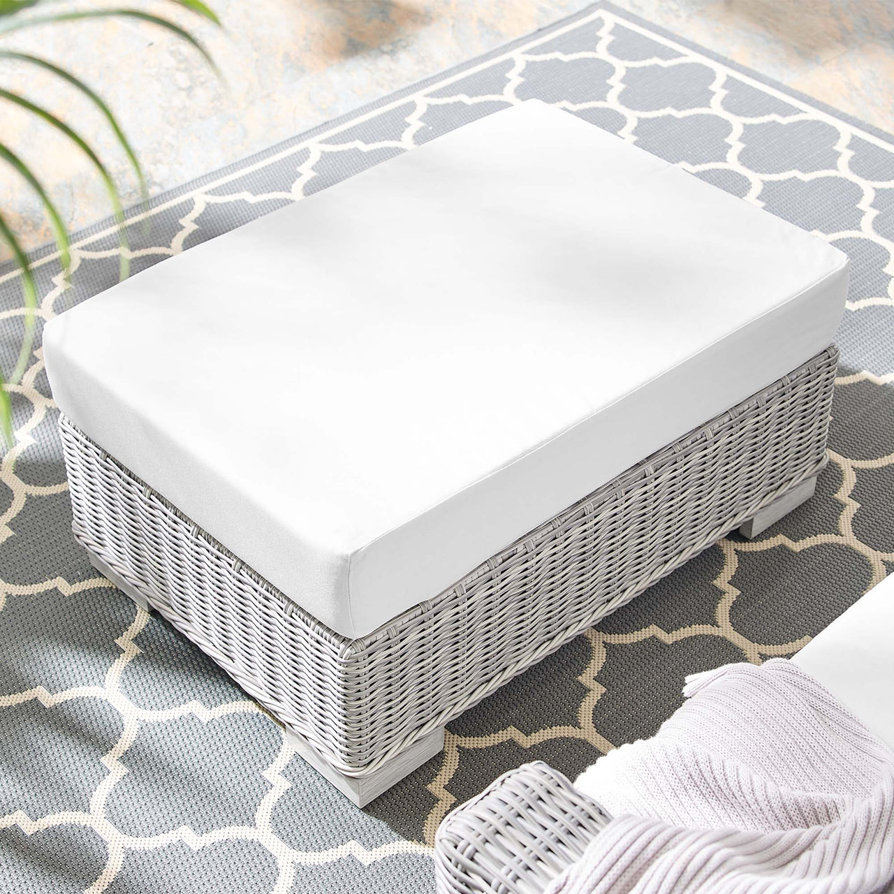 Corvara Sunbrella® Alfresco Woven Ottoman | Outdoor Modular Sectional Component, Light Gray & White