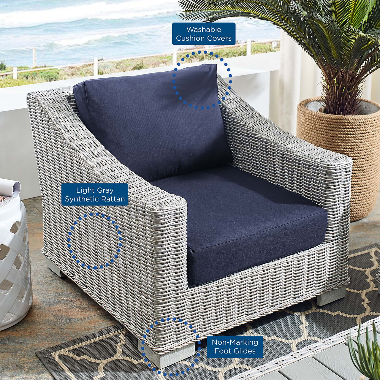 Corvara Sunbrella® Alfresco Woven Armchair, Light Gray & Navy