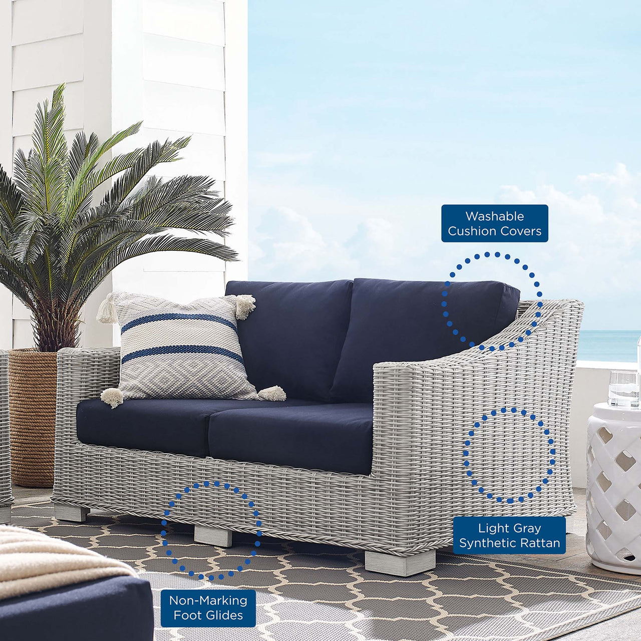 Corvara Sunbrella® Alfresco Woven Loveseat, Light Gray & Navy