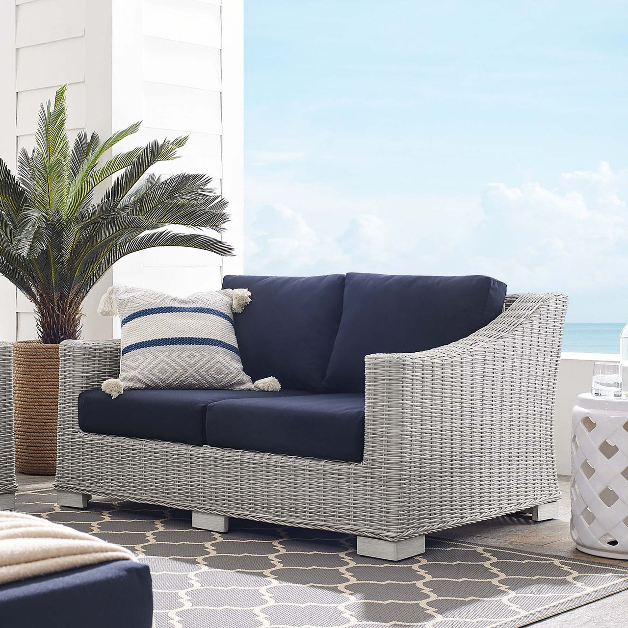 Corvara Sunbrella® Alfresco Woven Loveseat, Light Gray & Navy